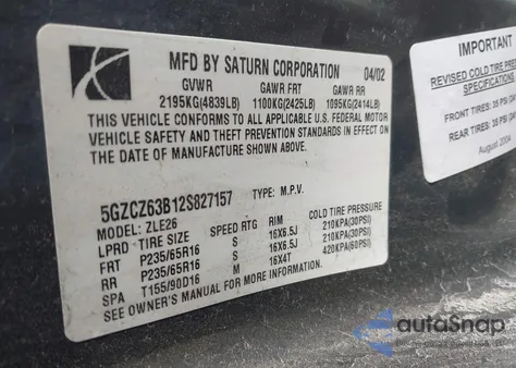 2002 Saturn Vue V6 z USA, uszkodzony, nr VIN 5GZCZ63B12S827157